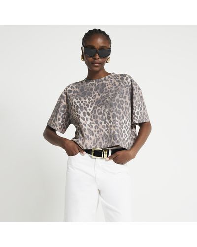 River Island Cropped Leopard Print T-shirt - Grey