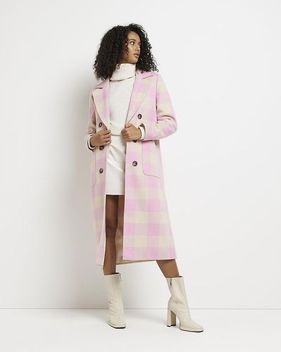 River Island Pink Check Double Breasted Longline Coat