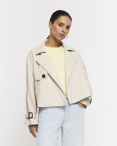 River Island Faux Leather Crop Trench Coat - Natural