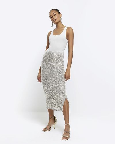 River Island Silver Sequin Midi Skirt - Grey