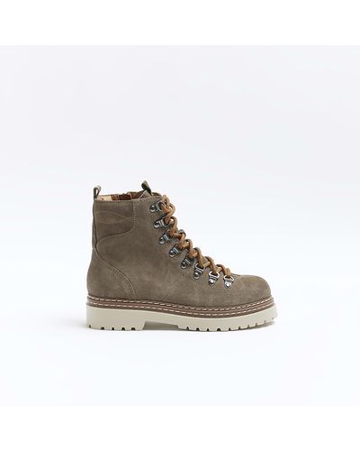 River Island Khaki Leather Hiker Boots - Brown