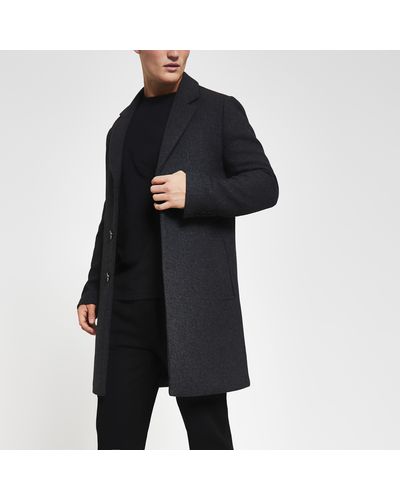 River Island Dark Twill Wool Overcoat - Black