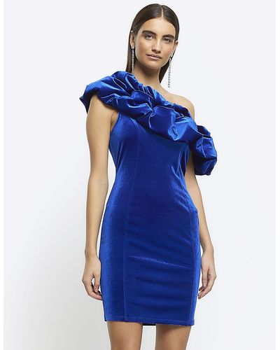River Island Blue Velvet Off Shoulder Bodycon Mini Dress