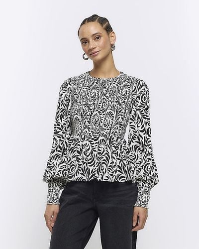 River Island Abstract Shirred Blouse - Black