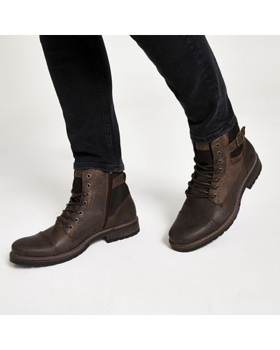River Island Dark Buckle Lace-up Leather Boots - Brown