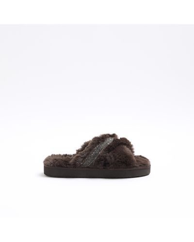 River Island Brown Faux Fur Embellished Slippers
