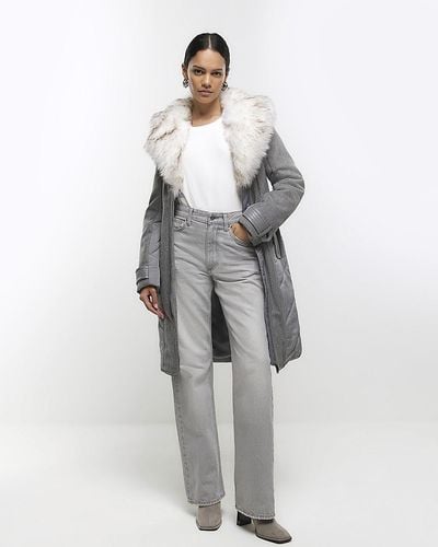 River Island Grey Faux Fur Collar Belted Jacket