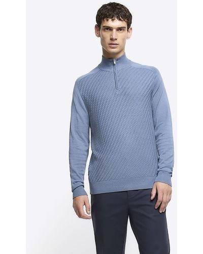 River Island Blue Slim Fit Diagonal Stitch Half Zip Sweater