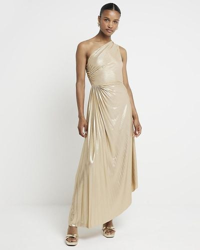 River Island Gold Ruched Side Asymmetric Swing Midi Dress - Natural