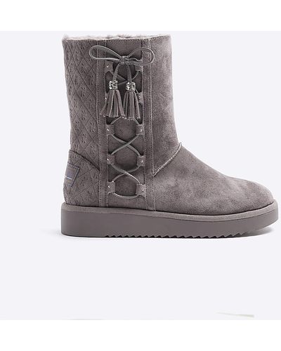 River Island Suedette Embossed Ankle Boots - Gray