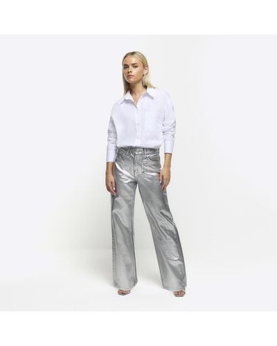 River Island Petite Silver Straight Coated Jeans - White