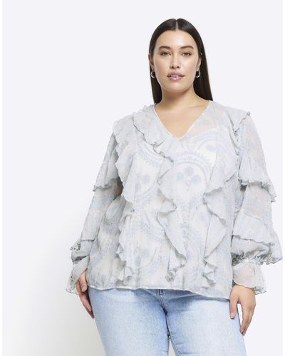 River Island Plus Blue Embroidered Frill Blouse - Grey