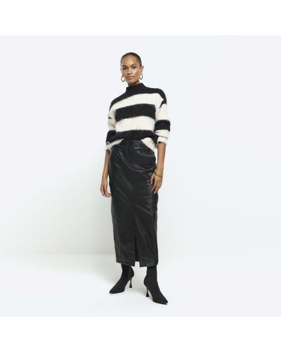 River Island Black Leather Midi Skirt - White