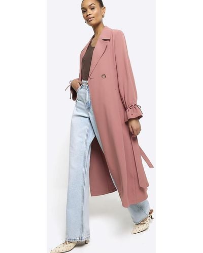River Island Pink Tie Cuff Belted Duster Coat