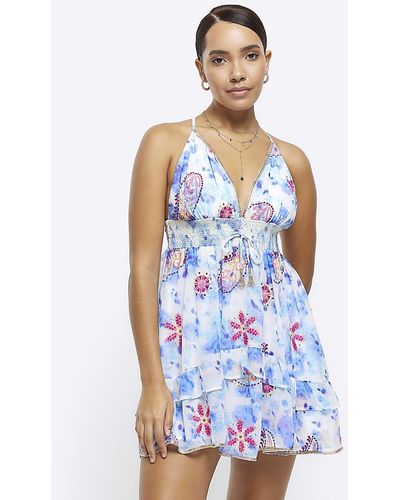 River Island Tie Dye Embroidered Beach Mini Dress - Blue