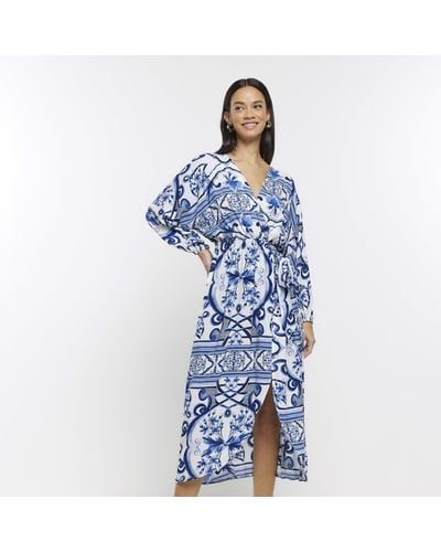 River Island Patterned Kimono Wrap Midi Dress - Blue