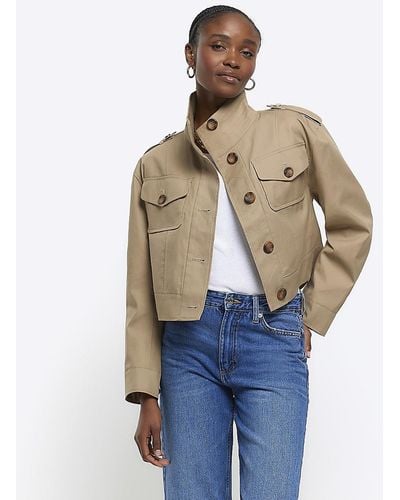 River Island Beige Button Up Crop Trench Coat - Blue