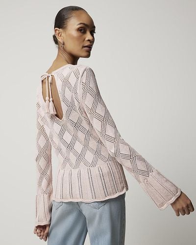 River Island Pink Crochet Tie Back Knit Top - Natural
