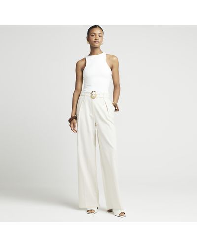 River Island Cream Belted Wide Leg Trousers - White