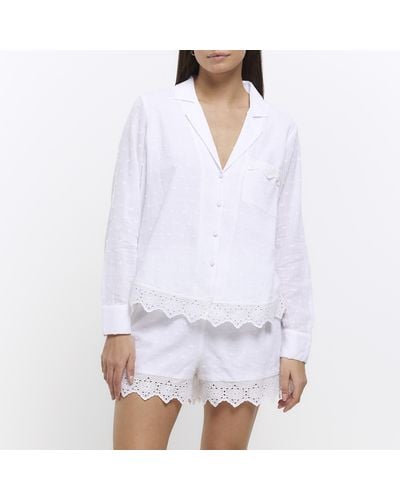 River Island Broderie Trim Top And Shorts Pyjama Set - White