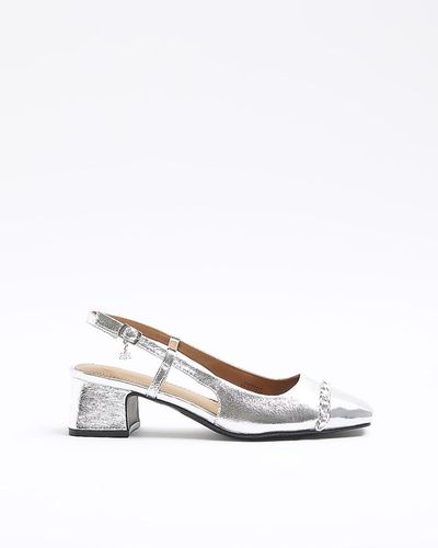 River Island Silver Chain Block Heeled Sling Back Shoes - White