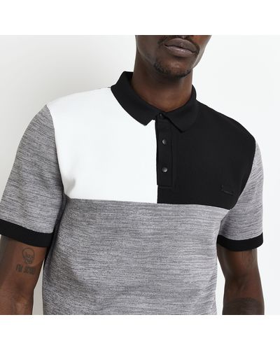 River Island Grey Slim Fit Colour Block Knit Polo Shirt
