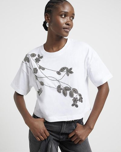 River Island Ecru Floral Embellished T-shirt - White