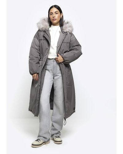 River Island Gray Faux Fur Hood Parka Jacket - White