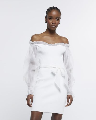 River Island White Bardot Mesh Sleeve Bodycon Mini Dress