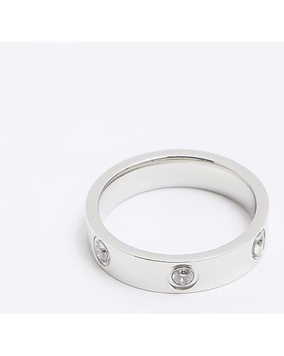 River Island Silver Stainless Steel Diamante Ring - White