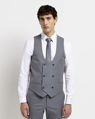 River Island Grey Slim Fit Double Breasted Twill Waistcoat