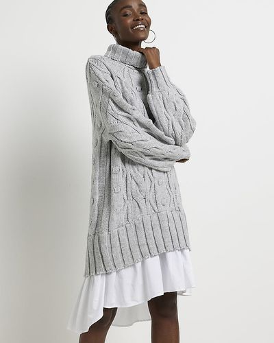 River Island Gray Cable Knit Mini Sweater Shirt Dress - White