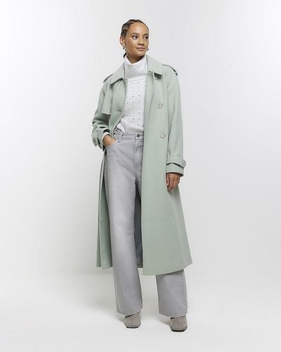 River Island Green Belted Longline Trench Coat - Grey