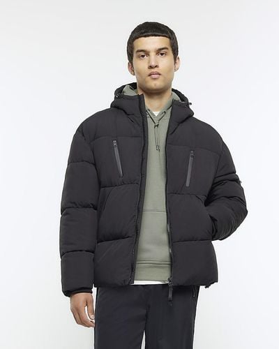 River Island Big And Tall Black Hooded Puffer Jacket - Blue