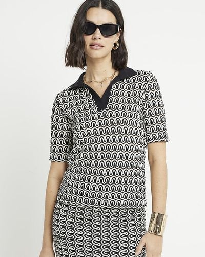 River Island Black Crochet Geometric Polo T-shirt - Grey