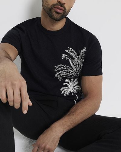 River Island Black Slim Fit Embroidered Palm Tree T-shirt