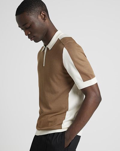 River Island Brown Slim Fit Color Block Knitted Polo - Natural
