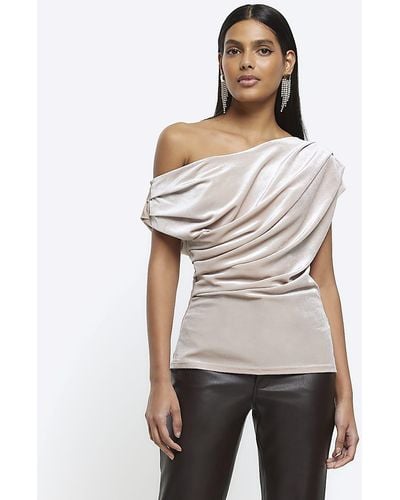 River Island Beige Velvet Drape Asymmetric Top - White