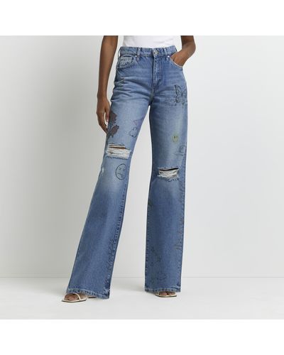 River Island Blue Ripped Mid Rise Wide Leg Jeans