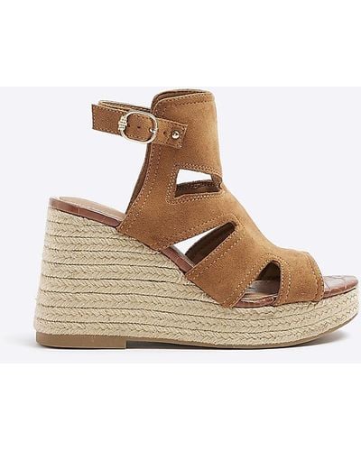 River Island Brown Suedette Cut Out Wedge Sandals - White