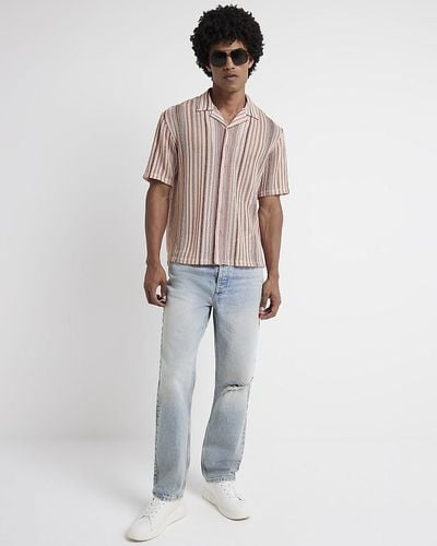 River Island Pink Regular Fit Crochet Stripe Revere Shirt - White