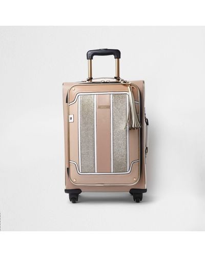 River Island Beige Panel Glitter Four Wheel Suitcase - Natural