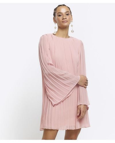 River Island Pink Plisse Long Sleeve Shift Mini Dress