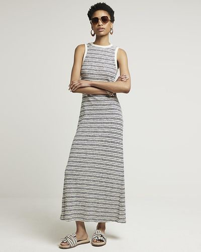 River Island Navy Crochet Stripe Bodycon Maxi Dress - White