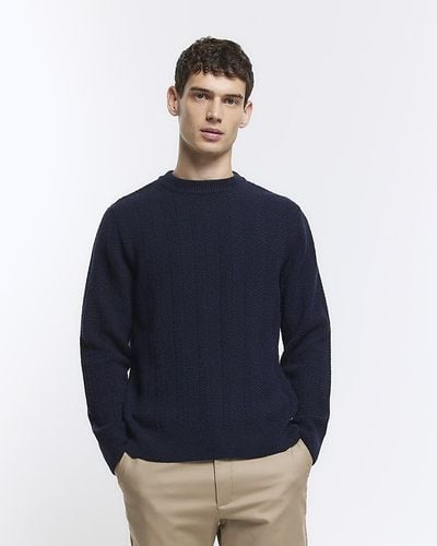 River Island Navy Slim Fit Wool Blend Crew Sweater - Blue