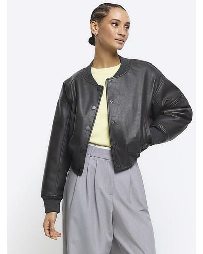 River Island Gray Faux Leather Crop Bomber Jacket - Blue
