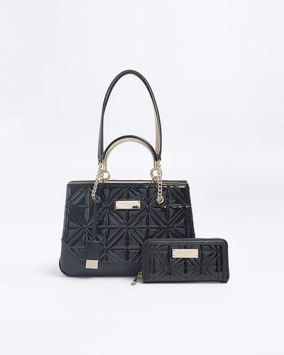 River Island Black Quilted Chain Tote Bag And Purse - Blue