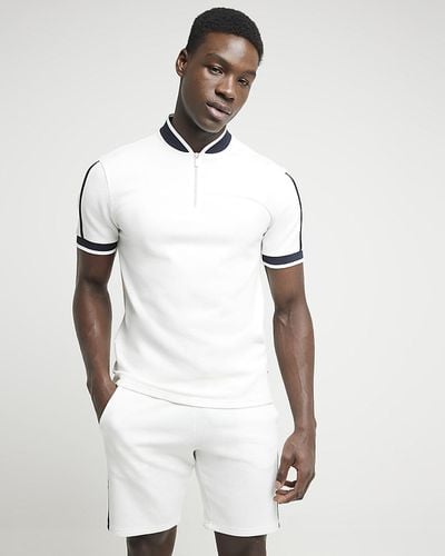 River Island White Slim Fit Textured Taped Polo