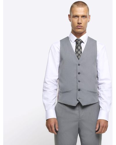 River Island Grey Skinny Fit Twill Suit Waistcoat