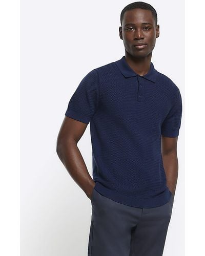 River Island Navy Slim Fit Textured Knit Polo - Blue
